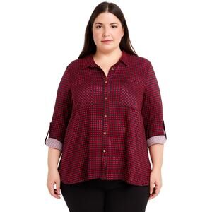 NWT Robert Lewis  Flannel Plaid Red & Black Gingham Button Down High Low